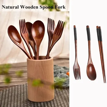 Set di utensili in legno naturale ecologico, bacchette forchetta cucchiaio fatte a mano con impugnatura in pelle, stoviglie eleganti da cucina 1