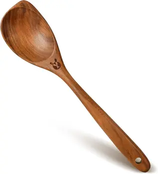 Natural Teak Wood Cooking Spoons Set, Heat Resistant Utensils with Corner Design for Nonstick Cookware Kitchen Gifts 1