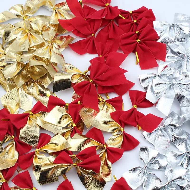 240/12PCS Mini Christmas Bow Ornaments Red Gold Xmas Tree Hanging Pendant DIY Craft New Year Home Party Decoration Bowknot Gifts 5