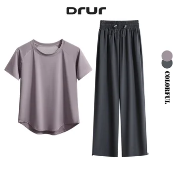 DRUR Loose Breathable Yoga Set Women Lightweight Running Tracksuit 2 Piece Gym Outfit Summer Sportswear Tops Pants Suit Yogawear 1
