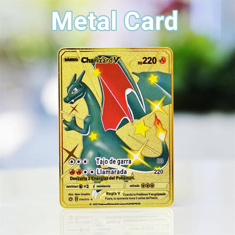 Pokemon Card Metal Pokemon Letters Charizard Vmax Pikachu Mewtwo Raichu Vstar Anime Game Carte Da Gioco In Ferro Dorato Giocattoli Per Bambini Regali