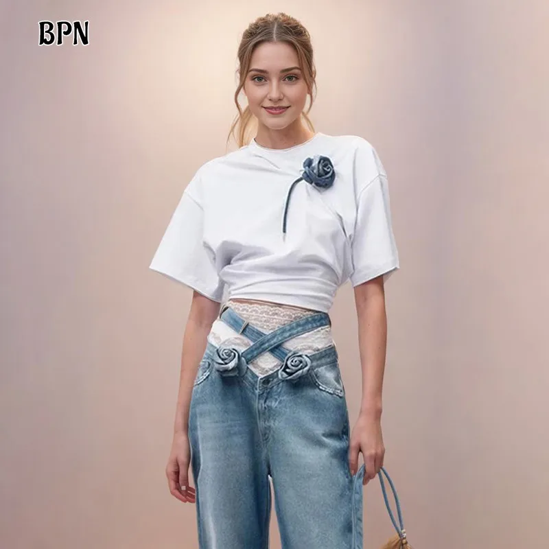 

BPN Minimalist Patchwork Appliques T Shirts For Women Round Neck Short Sleeve Casual Slimming Short Tops Female Fashion Clothing