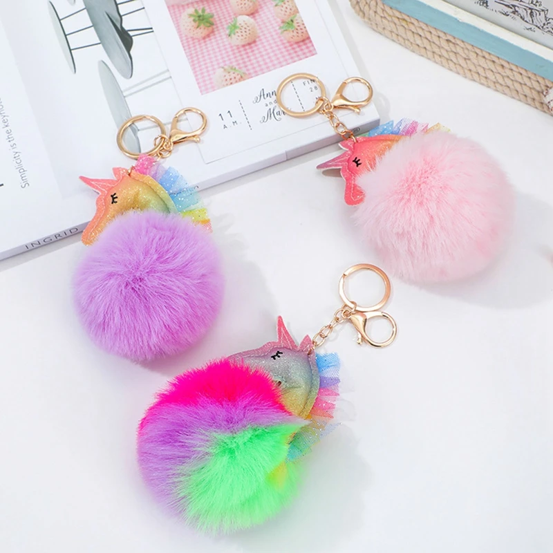

Unicorn Cat Heart Pompoms Keychain Rainbow Color Pom-pom Key Chain Ladies Handbag Car Key Ring Accessories Key Chain Pendant