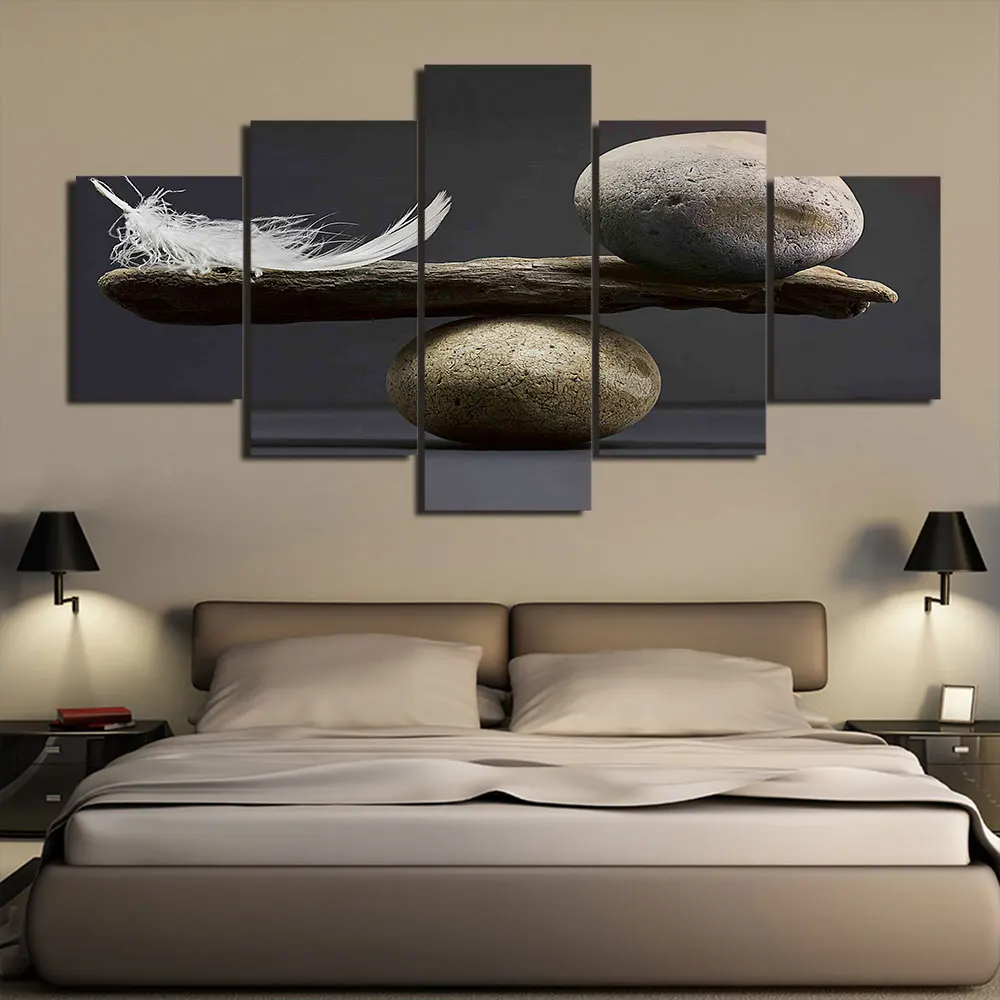 

5 Pieces Balance Home Decor Poster Feather And Stone Print Canvas Painting Modern Style Picture Living Room Wall Art
