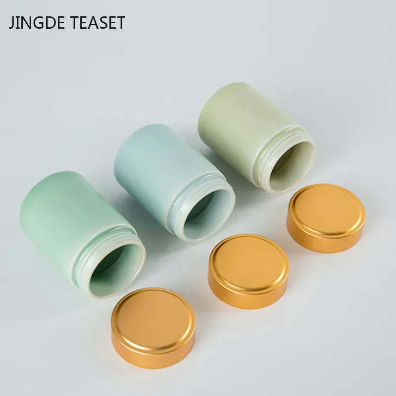 Tea Tin Box Tea Canister Airtight Container Creative Celadon Small Tea Caddy Portable Sealed Storage Tank Travel Tea Boxes Ceramic Coffee Canister Kitchen Spice Candy Jar