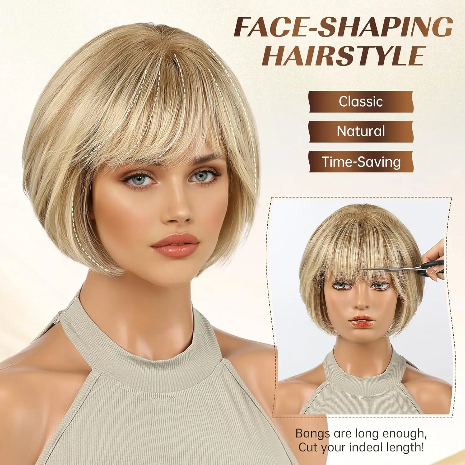 옴브레 골든 브라운 인모 가발 100% 레미 인모 가발 10인치 밥 블론드 브라운 내추럴 소프트 데일리 여성용 앞머리 있는 가발