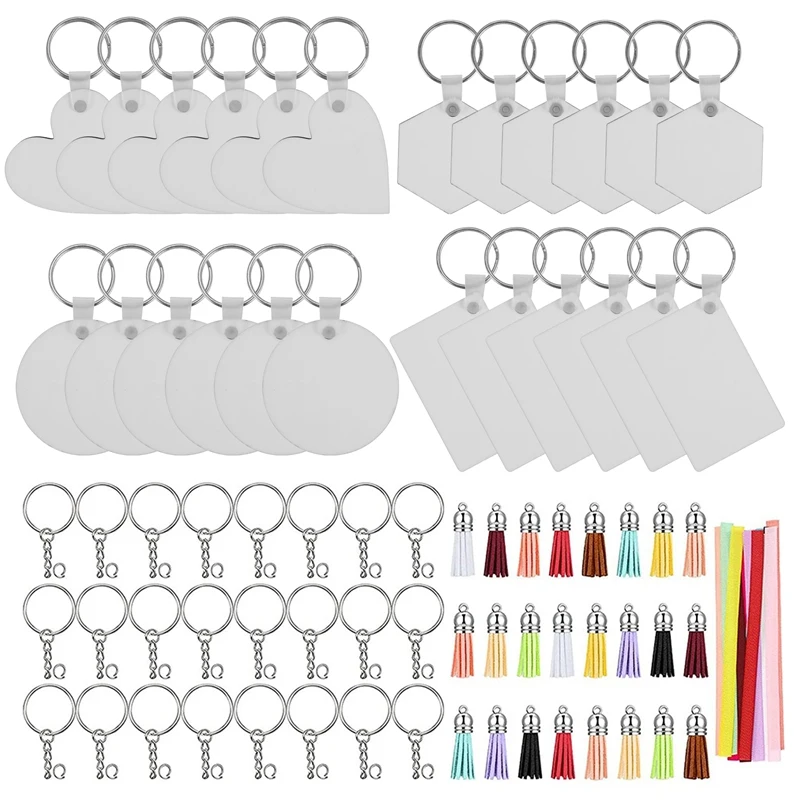 

Сублимационные заготовки, брелки для ключей, 4 стиля, брелок для переноса тепла из МДФ, пустой брелок с 24 лентами, 24 кольца для ключей для рукоделия