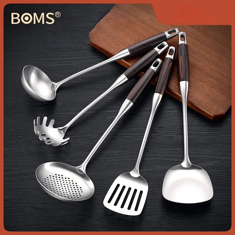 Stainless steel flat handle kitchenware set spoon spatula kitchenware  household cooking utensils seven-piece rotating frame