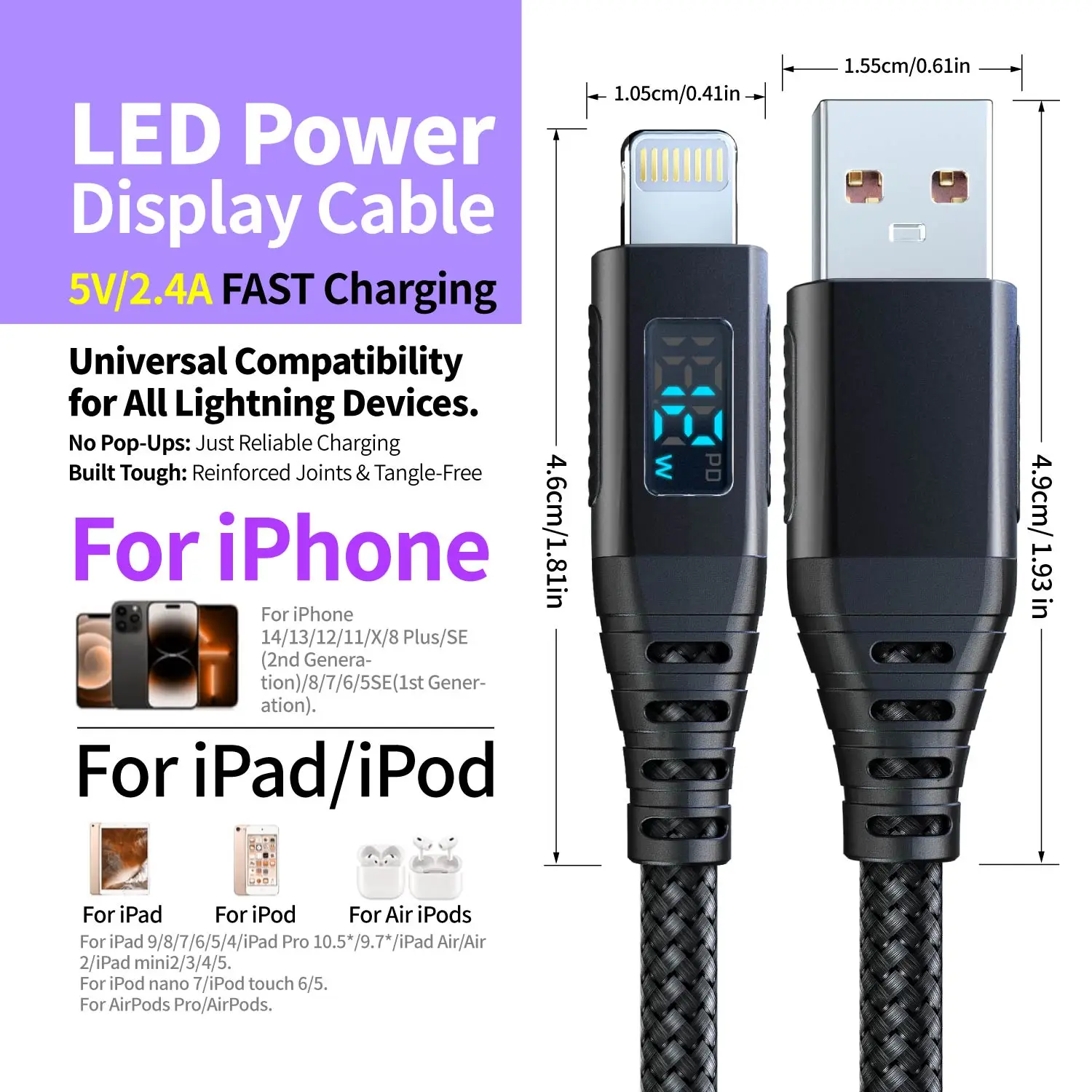 Premium MFi Certified Lightning Charger Cable - Fast 2.4A Charging with Extended Length