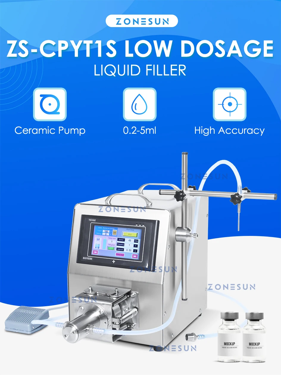 ZONESUN ZS-CPYT1S Ceramic Pump Digital Control Vial Liquid Filling Machine Low Dosage Eyedrop Bottle Filler Lab Equipment