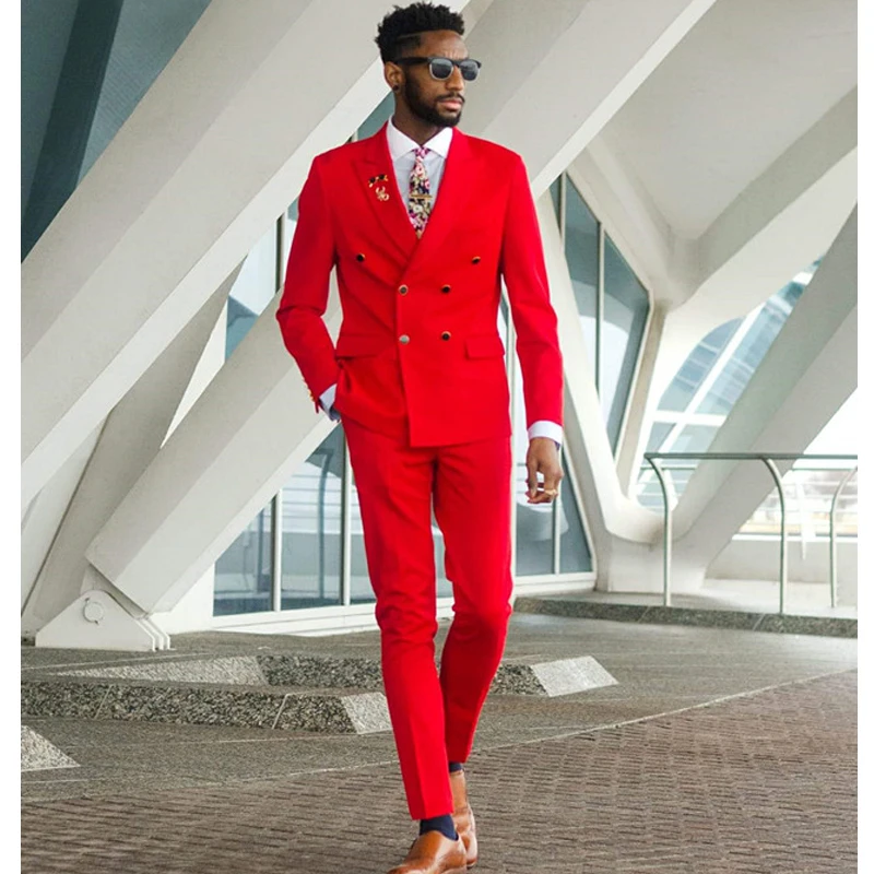 

Double Breasted Red Men Suits Slim Fit Groom Wedding Tuxedo Peaked Lapel 2 Pieces Male Fashion Jacket with Pants Latest Style