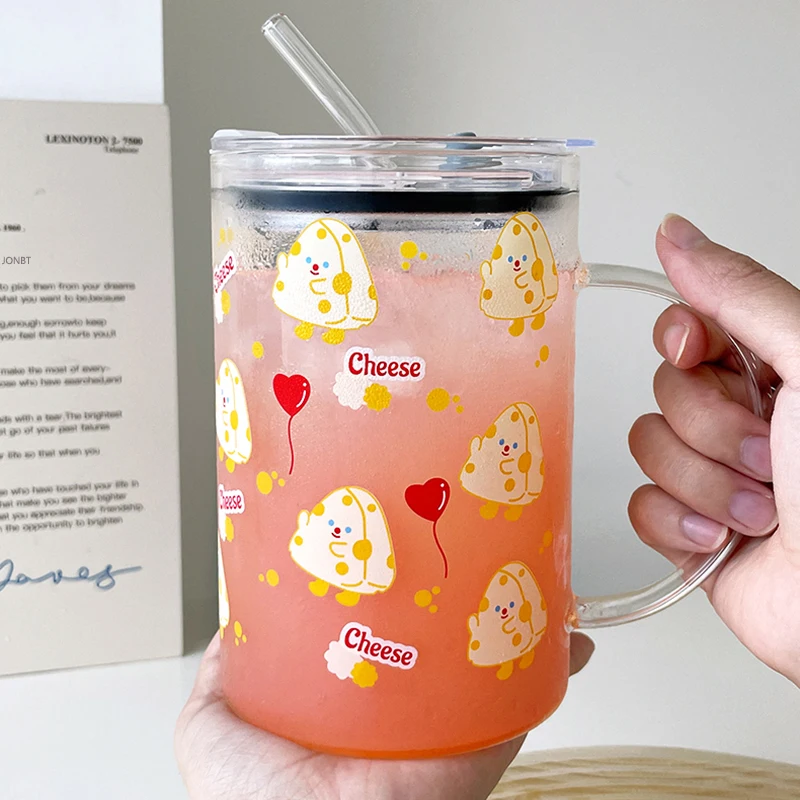 Kawaii Flower Glass Cup With Lid Straw Cute Orange Coffee Mug Milk Hot  Drinks Korean Water Juice Tea Cup Drinkware Gift 600ml - AliExpress