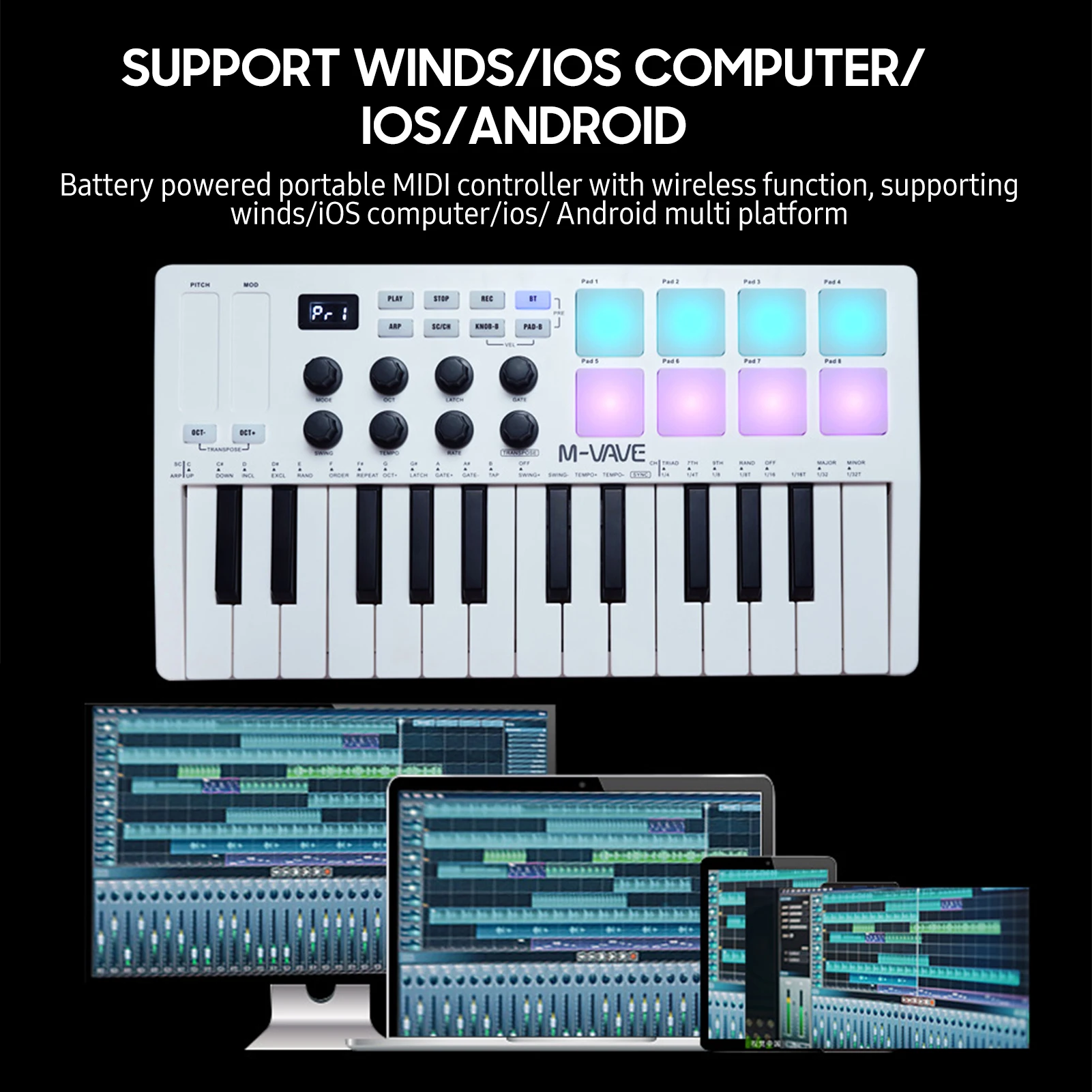 M-VAVE MIDI 25 Ű USB MIDI Ű Ʈѷ, 8 Ʈ 巳 е, 8 , 8 RGB  Ű Ʈũ е, Ǳ ǰ