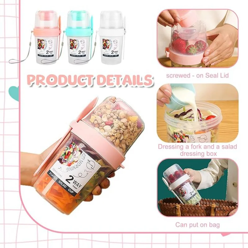 Salad Cups, Transparent Salad Breakfast Cups with Lids, Lightweight Salon on-the-go cups with Fork, Leak-proof Cup T