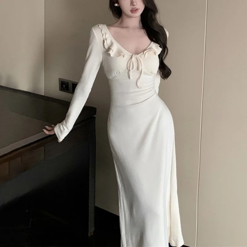 Women Dress y2k Clothes Solid Color Ruffle Tie Up V Neck Long Sleeve Bodycon Long Dresses Party Dresses Streetwear