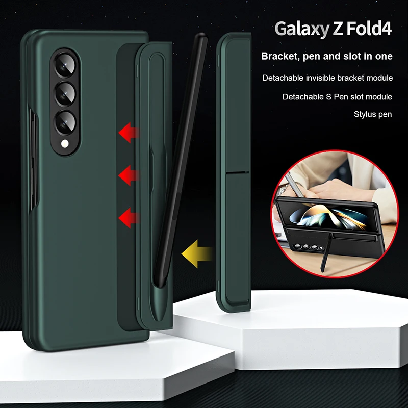 With Stylus Phone Case for Samsung Galaxy Z Fold 3 Z Fold 4 Fold 5 5G Fold3 Fold4 Hidden Bracket Pen Slot 2 in 1 Protective Case