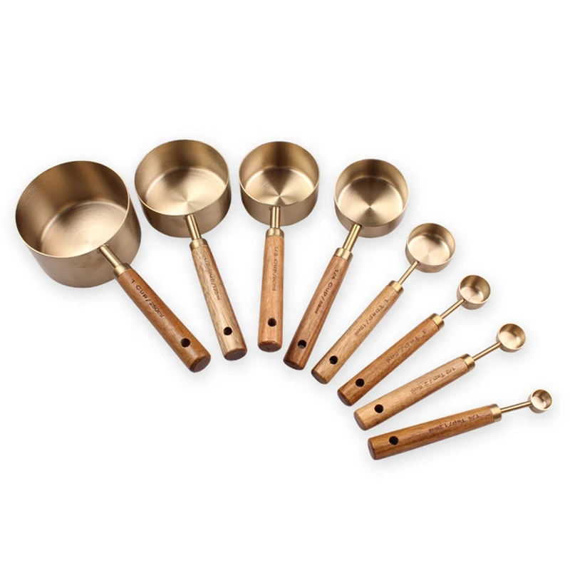 Stainless Steel Measuring Spoons With Scale Wooden Handle Household Kitchen Dining Bar Baking Tools Measuring Cups 4/8pcs