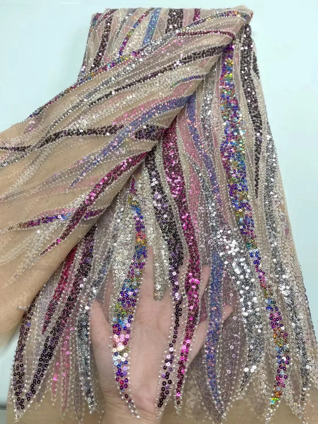 

French Colourful Luxury Sequins Embroidery Mesh Lace Fabric High Quality African Handmade Beaded Lace Fabric For Wedding Dresses