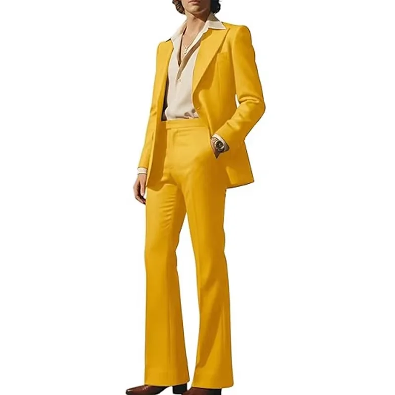 Costume Homme Couleur Unie 2 Pièces Tendance Rétro Évasé Blazer Simple Boutonnage Coupe Slim Tenue Formelle Affaires Mariage Soirée Bal de Promo