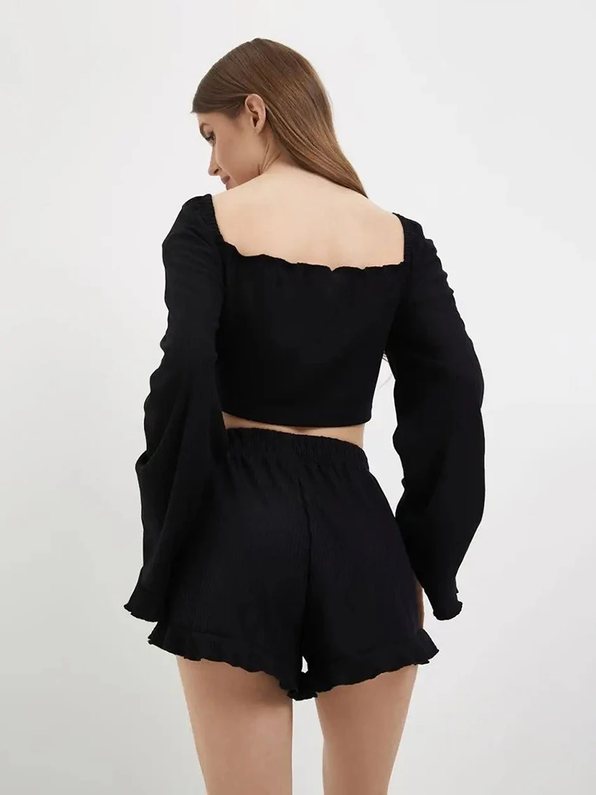 Marthaqiqi Fashion Women'S Pajama Suit Sexy V-Neck Sleepwear Long Sleeve Nightwear Lace Up Crop Top Nightie Shorts Nightgown Set