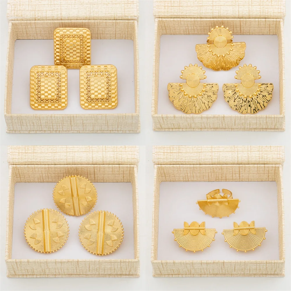 Earrings and Ring Jewelry Set with Gift Box African Gold Color Clip Earrings with Finger Ring Weddings Bride Jewelry Accessories