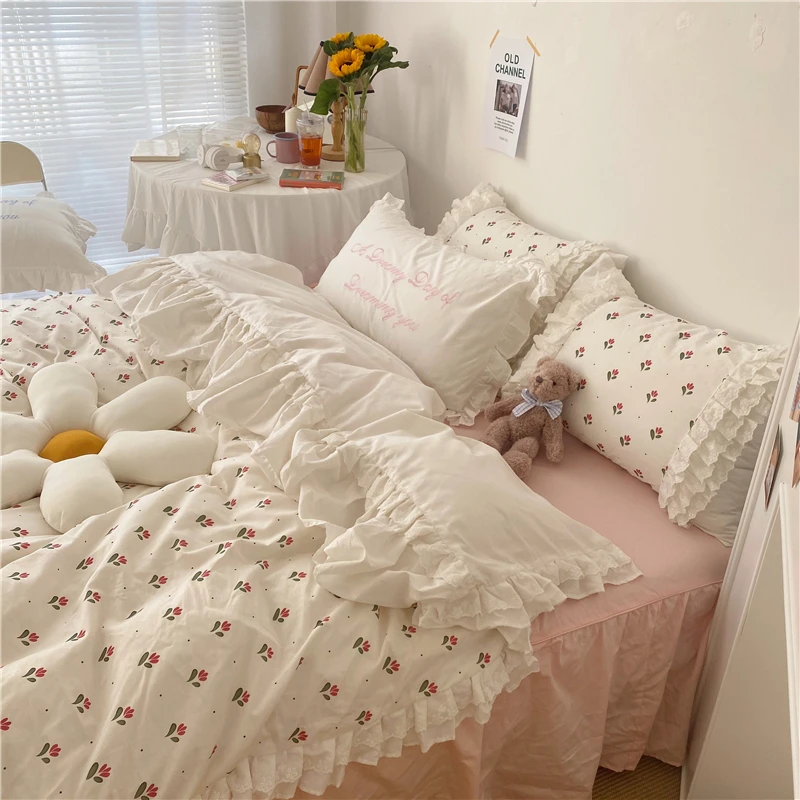 Heerlijk Eik hemel Vintage ruffle lace bedding set queen size bedroom set sheet printed duvet  cover bed sheets and pillowcases Princess bed linen - AliExpress