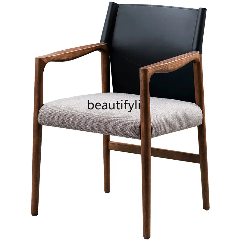 

Italian Minimalist Solid Wood Dining Chair Designer Light Luxury Home High-End Saddle Leather Fabric Backrest Armchairfurniture