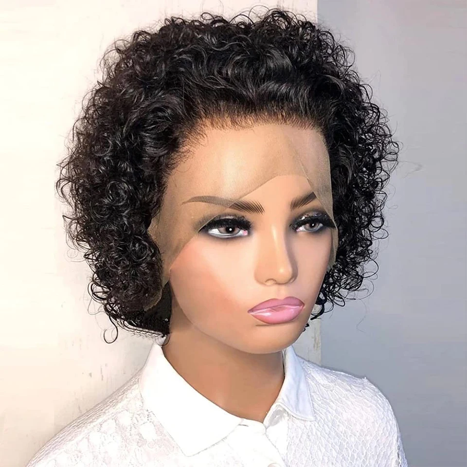 Short Bob Curly Pixie Cut Wig 13X1 HD Transparent Lace Human Hair Wigs For Black Remy Deep Curly Lace Wig Pre Plucked Hairline