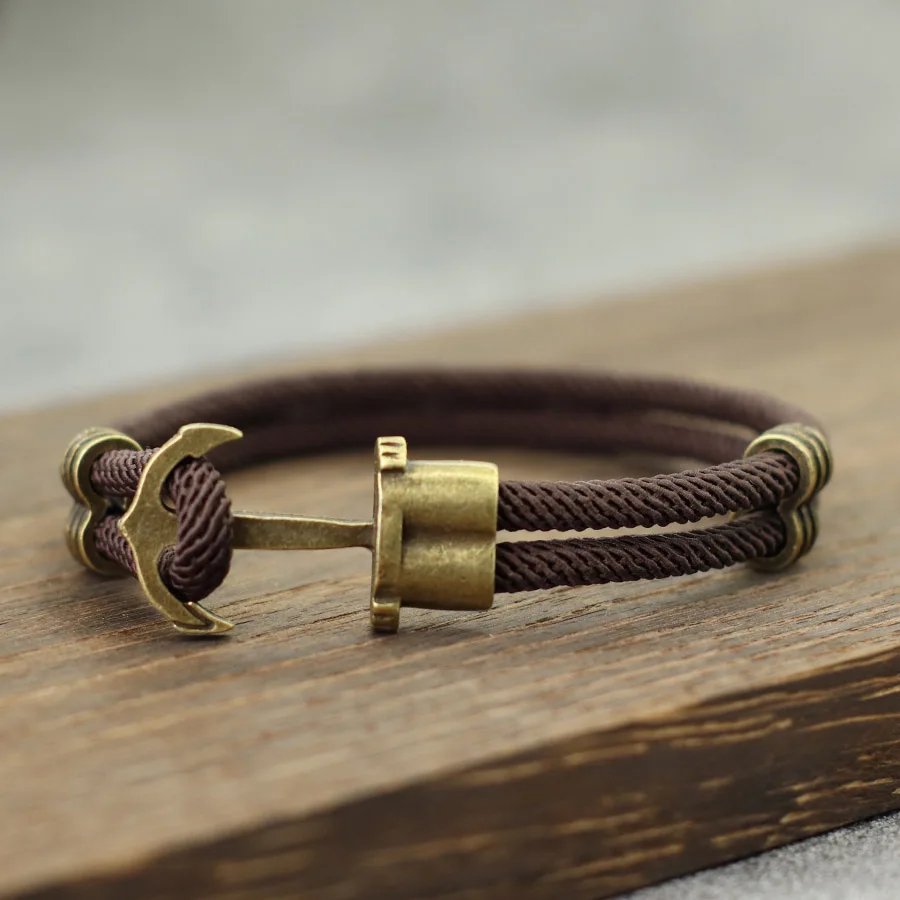 Vintage Anchor Bracelet Men Brass Double Layer Pirate Braclet Outdoor Nautical Surfing Hand Rope Handmade Leisure Jewelry Joias