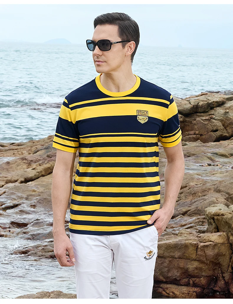 New Straight Men's Short T-shirt Round Neck Bruce&Shark Fashion Men's Stripe Tee Stretch Cotton Summer Breathable Tops Big Size 14 Sc5f2c2dac8ce47a8ae41607f31ea16b6X