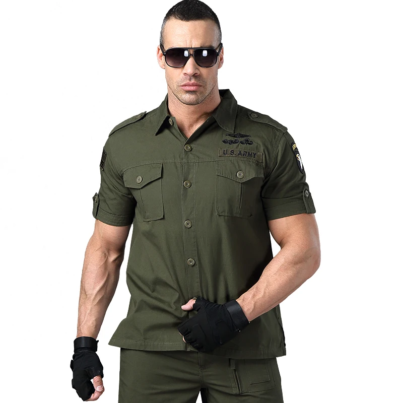 Men Khaki Shirt Short Sleeve Military 