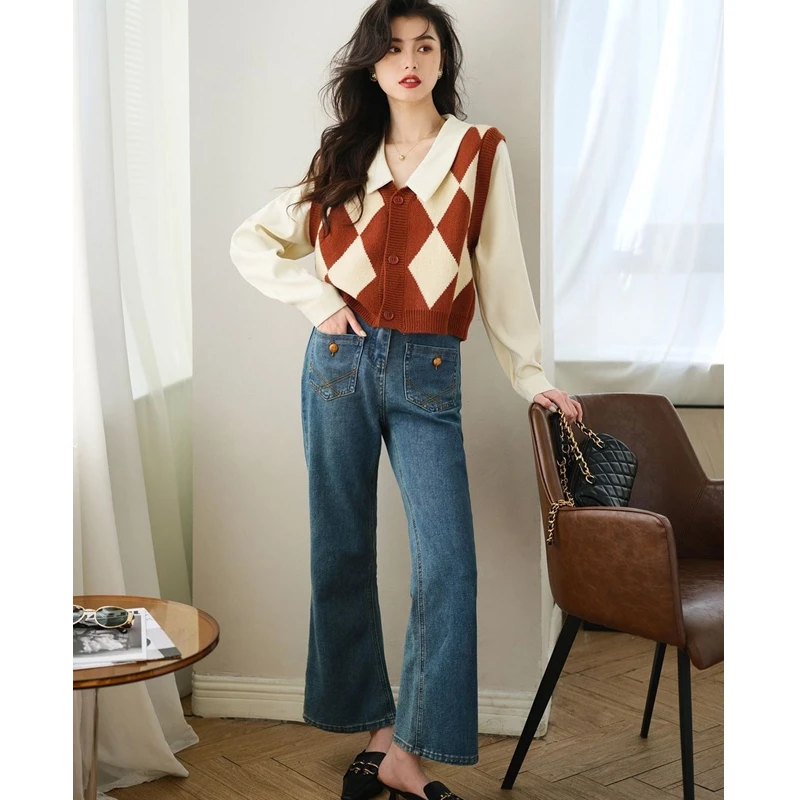 Women Korean Plaid Patchwork Shirts Spring Autumn Lady Fashion Knit Vest Blouse Sleeve Fake Two Piece Tops 2023 New Sweater