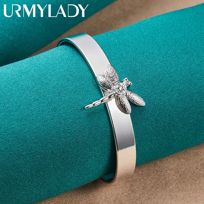 

URMYLADY 925 Sterling Silver Dragonfly Zircon Smooth Bangles Bracelet For Women Charm Wedding Engagement Fashion Jewelry
