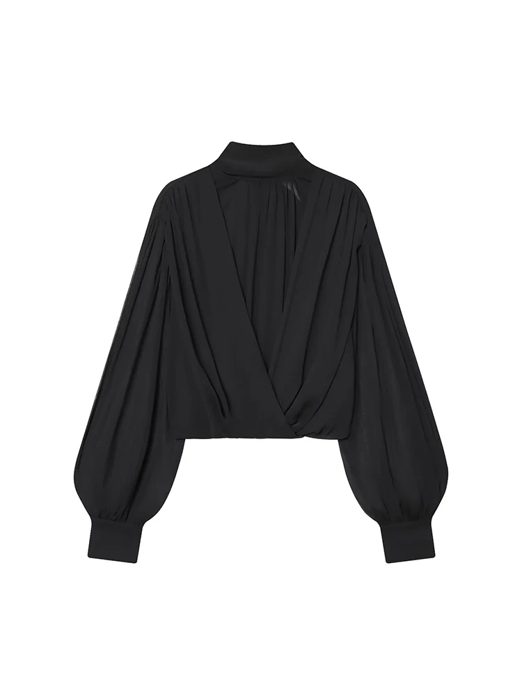 Spring New Women Shirt Chic Lace Up Halter Collar  Fashion Elegant Long Sleeve Tops Solid Female Sexy Sheer High Street Blouse