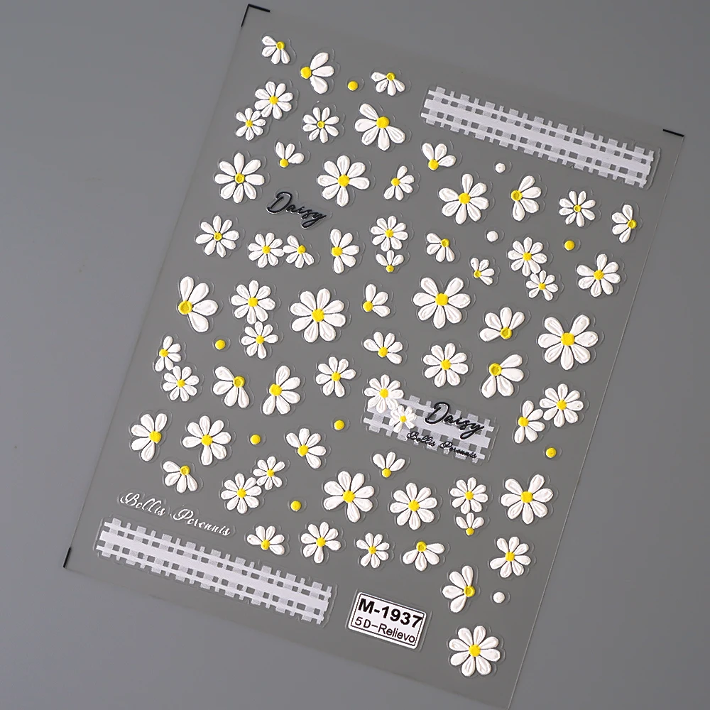 Daisy Flower Embossed 3D Nail Sticker Spring Summer Adhesive Slider Nail Art Decorations Stickers Manicure DIY Decals 1pcs nail stickers