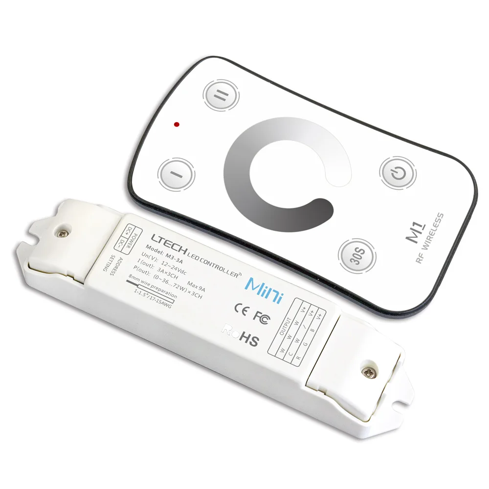 

M1+M3-3A Touch Panel Led Strip RF Dimmer 2.4G Wireless LTECH 12-24V Input 3A/CH 5A/CH 20A 4 Channel Dim CT Controller