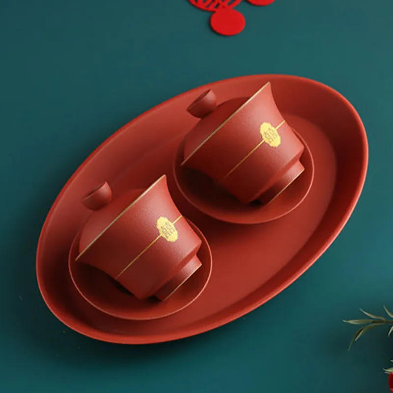 Gaiwan Porcelain Ceramics Teacups Cups, Chinese Double Happiness Cover Bowl, Saucer for Red Wedding Party, Ceremony Gifts