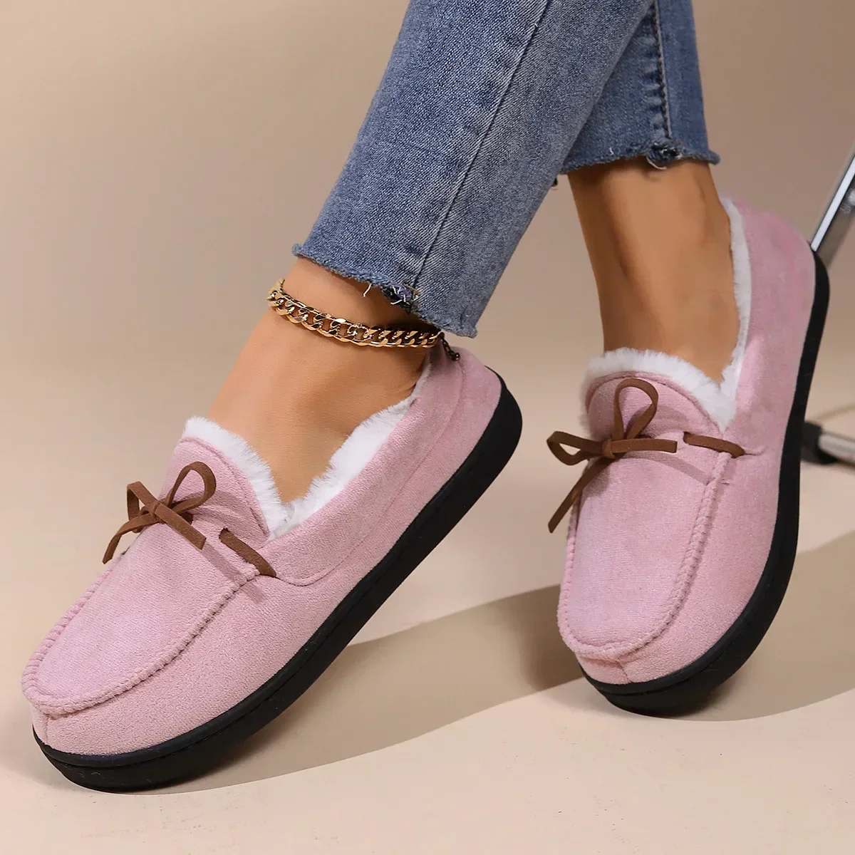 

2024 Winter Shoes Women Fur Flats Plus Cotton Shoes Pregnant Women Soft Cotton Shoes Non-slip Warm Plush Loafers Size 45