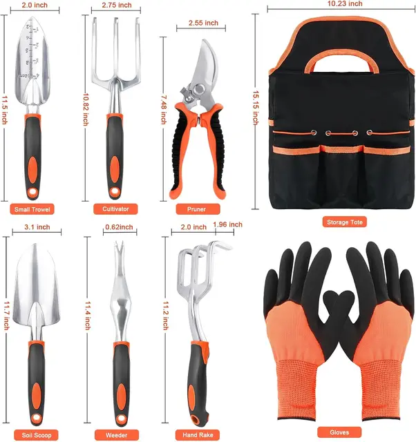 8 Piece Garden Tools Set with Non Slip Ergonomic Handle, Heavy Duty Gardening Kit with Storage Bag for Women and Men, Orange