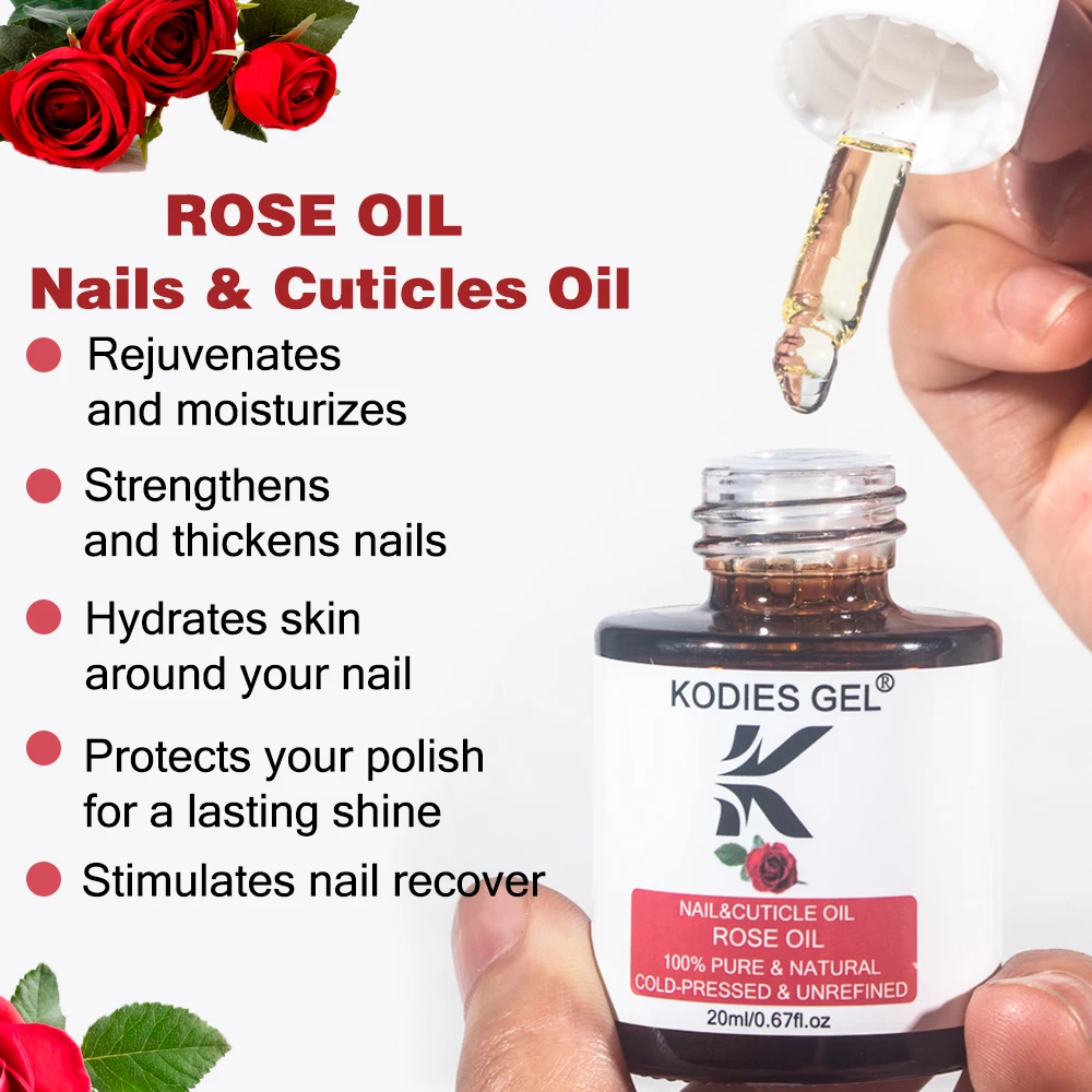 

KODIES GEL Sweet Rose Cuticle Oil For Nails Moisturizes Nail Strengthener Unrefined Serum Natural Skincare Product Dropper Brush