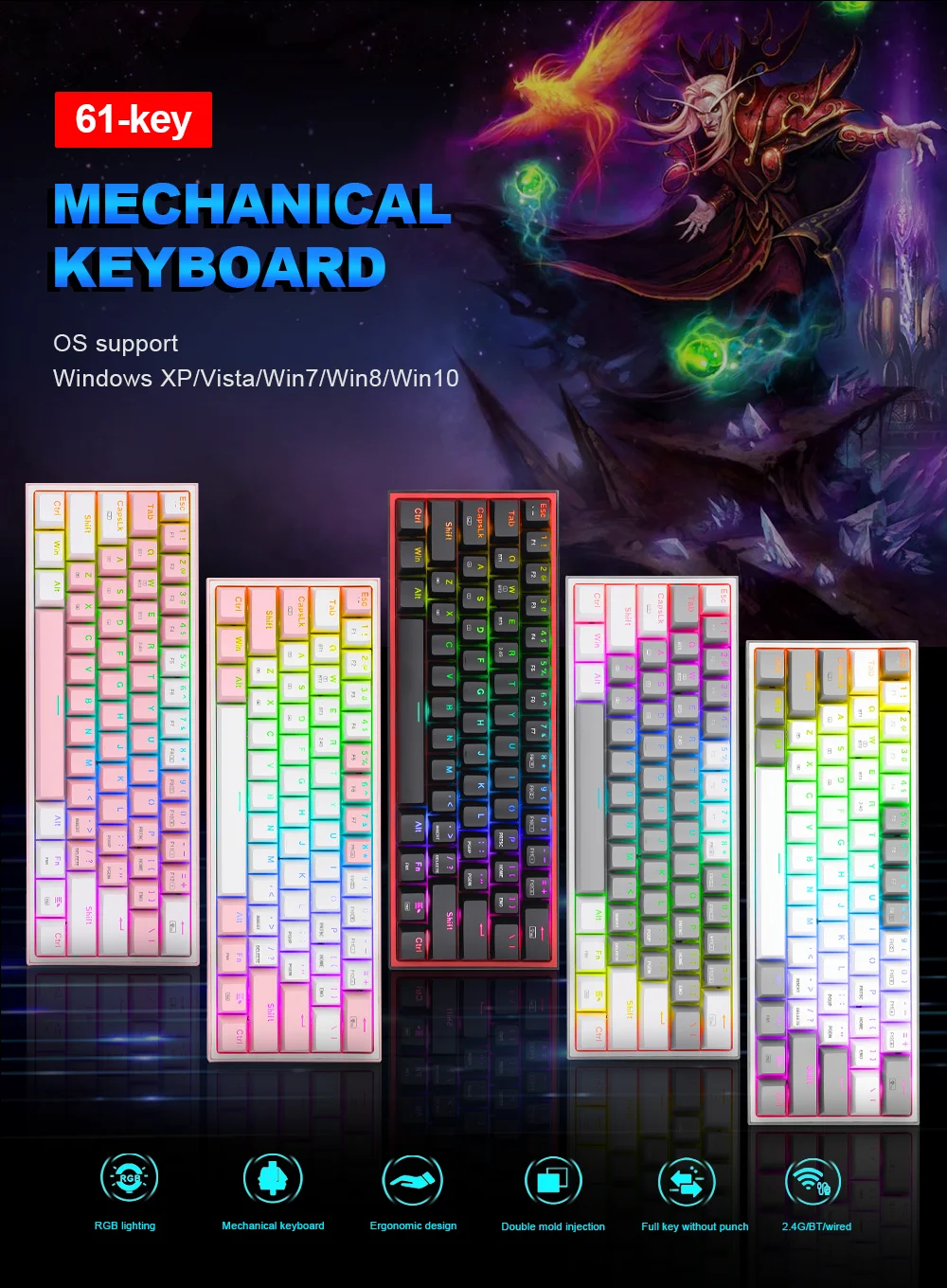 Fizz pro k616 61-key rgb mechanical gaming keyboard with bluetooth and usb connectivity, red switch, and 3 customizable modes