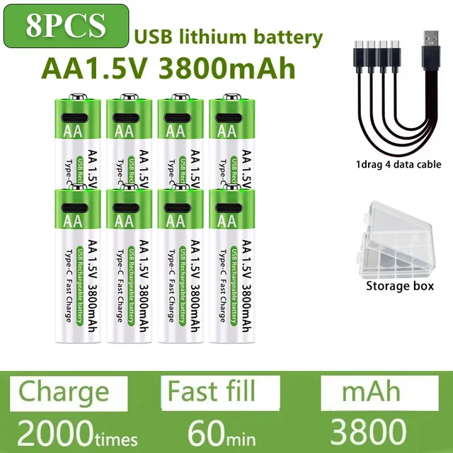 AA/AAA Rechargeable Battery 3000mAh/3800mAh Lithium Battery 1.5V Constant Voltage Fast Charging Type-C For Remote Mouse Toy Ect 20