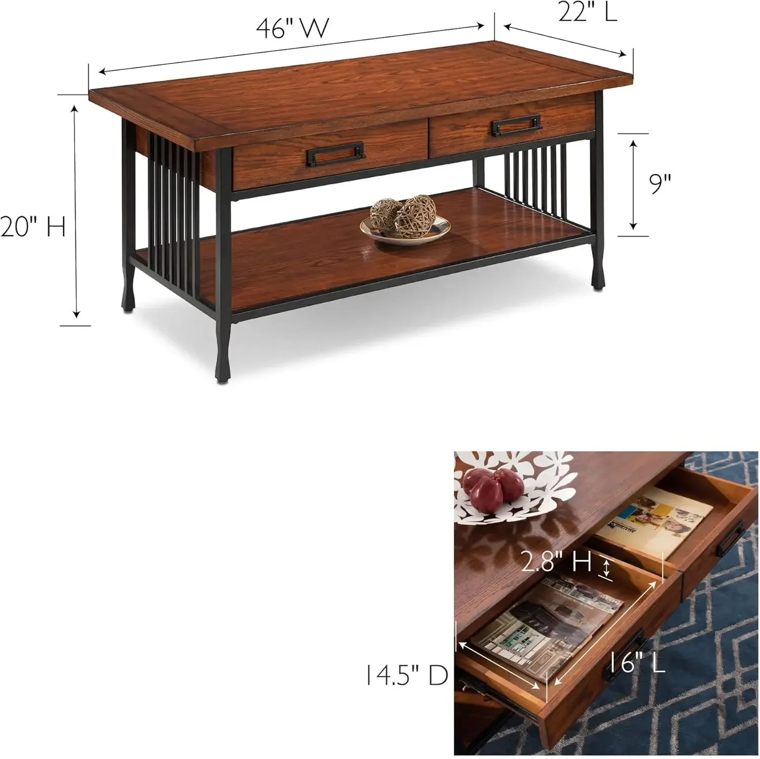 11204 Ironcraft Two Drawer Rustic Coffee Table with Shelf, Mission Oak and Black 3