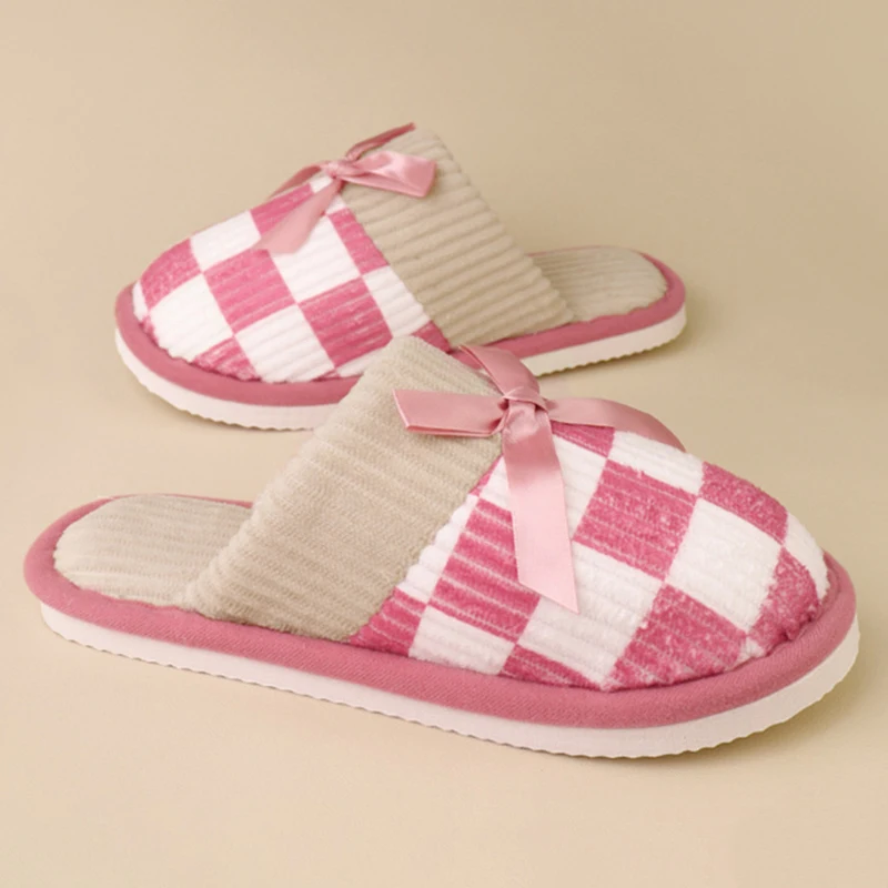 Mix Color Plaid Bowknot Cotton Slippers Women Comfort Soft Sole Non Slip Home Slipeprs Woman Thicken Plush Warm Fluffy Slides