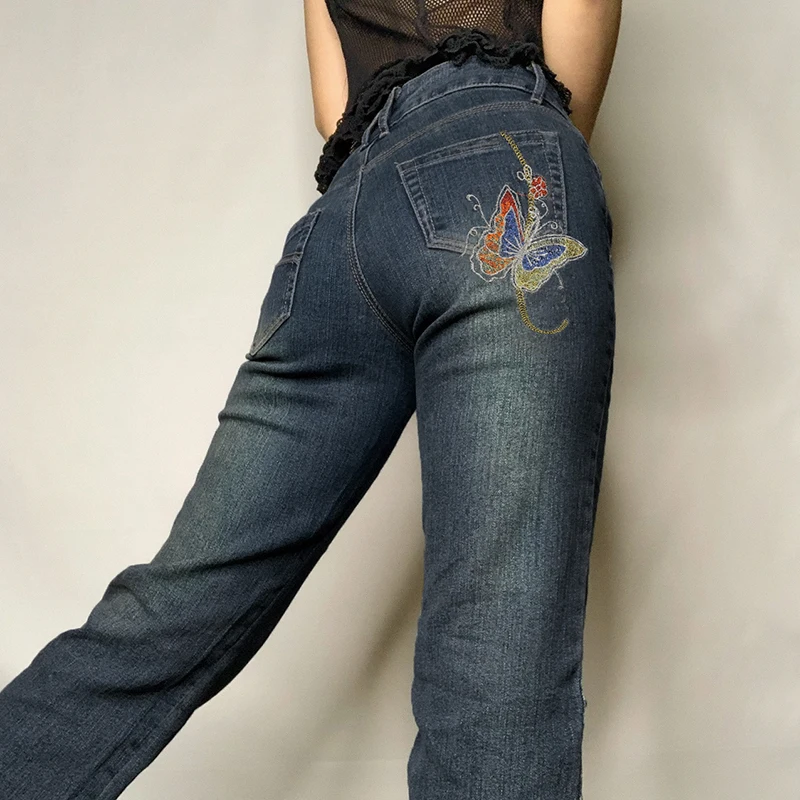 slacks Women Butterfly Jeans Vintage Casual Flare Pants Do Old Chic Aesthetic Trousers Women Streetwear Retro Country Cowboy Jeans cargo pants for women