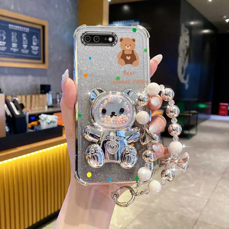 Pearl Glitter Bear Phone Holder Case with Lanyard Strap and Anti-Knock Protection