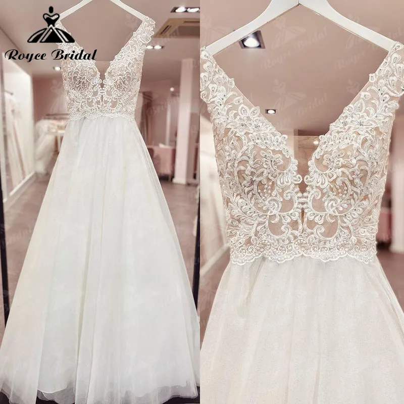 

Civil Boho A Line Wedding Dress Tank V Neck Lace Appliques Tulle Beading Backless Bridal Gowns Robe De Mariee abito da sposa