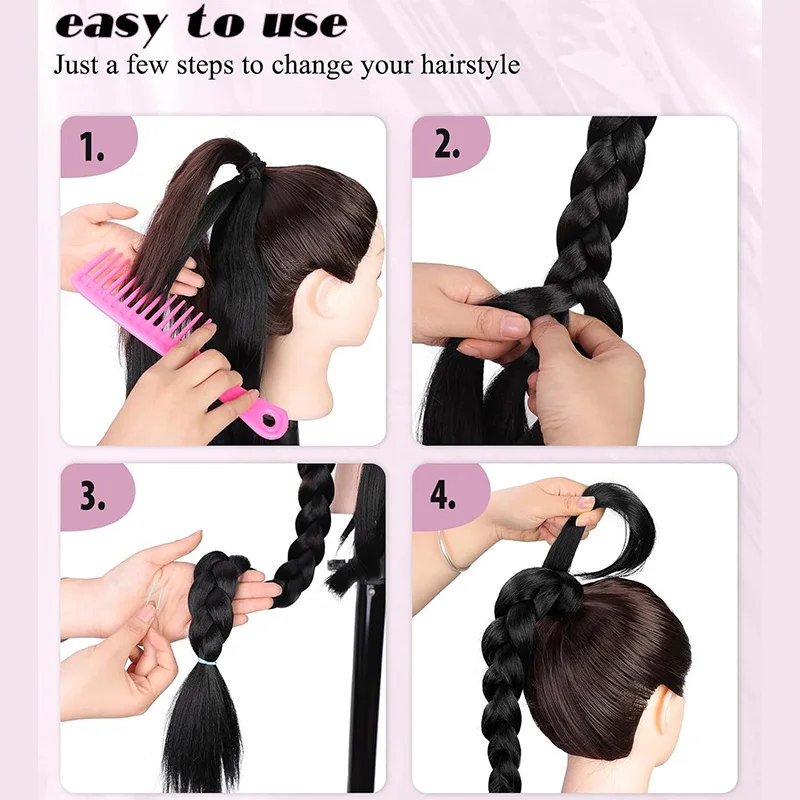 30Inch Synthetic Long Straight Wrap Around Ponytail Hair Extension Elastic Rubber Band High-Temperature Fiber Hair for Women