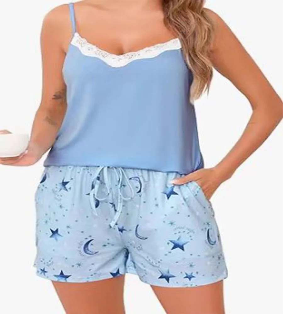 2025 New Womens Cute Star Print Pajama Set Lace Trim V Neck Cami Top and Shorts Two Piece Sleepwear Loungewear Summer Hot