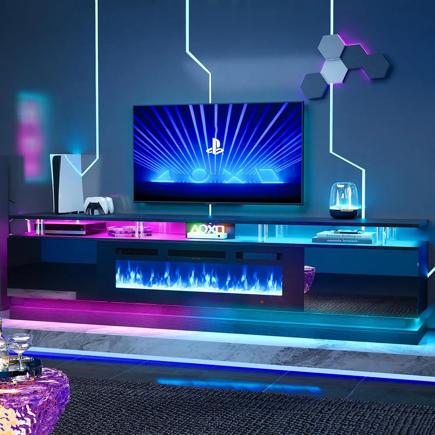 80" Fireplace TV Stand, Modern Entertainment Center for TVs Up to 90", TV Console with Storage Cabinets, Media, Customized image 20